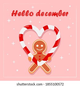 Greeting card design with Christmas gingerbread man and striped candy. Winter, Christmas card template on a pink background. Trend, the December illustration from a greeting