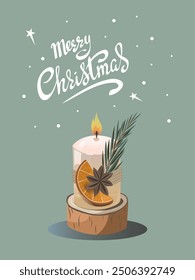 Greeting card design of Christmas and New Years. Christmas composition with candle, branches of a christmas tree, holly. Z Vector illustration