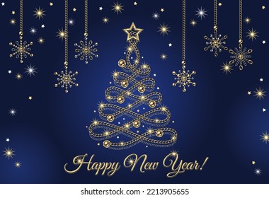 Greeting card design with Christmas tree, hanging snowflakes made of golden and silver jewelry chains. Text Happy New Year. Shiny sprakle stars on deep blue background. CMYK blue colors