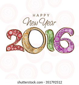 Greeting card design with colorful glossy text 2016 for Happy New Year celebration.