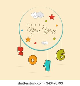 Greeting card design with colorful hanging text 2016 for Happy New Year celebration.