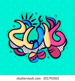 Greeting card design with colorful text 2016 and Xmas Balls for Happy New Year celebration.