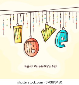 Greeting card design with colorful text Love hanging on glossy background for Happy Valentine's Day celebration.