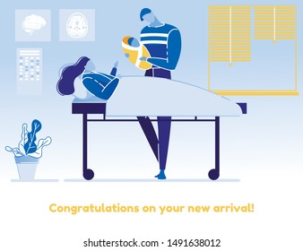 Greeting Card Design Congratulates with Childbirth. Cartoon Hospital Ward Flat Interior. Mother Lying in Bed under Blanket. Father Holding Newborn Baby in Hands. New Arrival. Vector Illustration