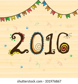 Greeting card design with creative colorful text 2016 for Happy New Year celebration.