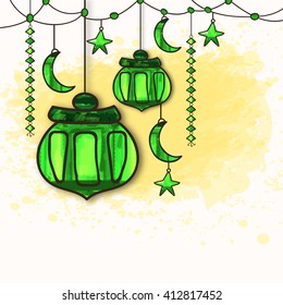 Grußkartendesign mit kreativen grünen Lampen, Crescent Moons und Sternen für den islamischen Heiligen Monat, Ramadan Kareem Feier.