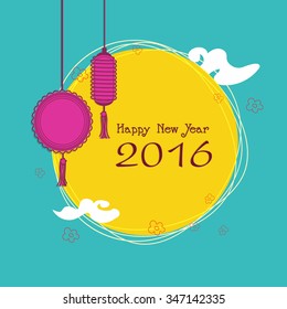 Greeting card design with creative hanging traditional lanterns for Happy New Year 2016 celebration.