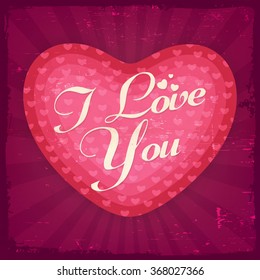 Greeting card design with creative heart and text I Love You on grungy rays background for Happy Valentine's Day celebration.