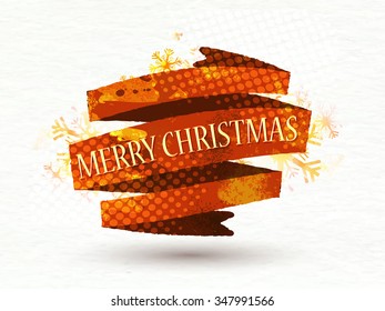 Greeting card design with creative ribbon made by paint stroke on snowflakes decorated background for Merry Christmas celebration.