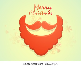 Greeting card design with creative Santa beard and moustache on snowflakes decorated background for Merry Christmas celebration.