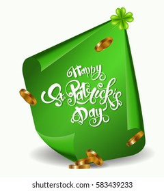Greeting card design with creative text Happy St. Patrick's Day on green curved, paper  banner  shamrock.Vector illustration.Lettering typography. 