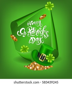 Greeting card design with creative text Happy St. Patrick's Day on black curved, paper  banner and green hat, shamrock.Vector illustration.Lettering typography. 