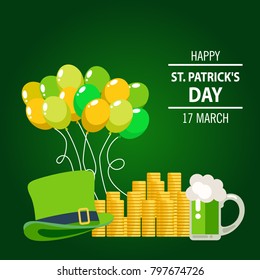 Greeting card design with creative text Happy St. Patrick's Day and  golden coins, green hat and shamrock. Vector illustration.Lettering typography.