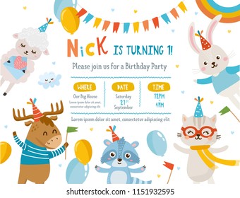 Greeting card design with cute animals. Beautiful template with letters. Baby Shower. Sheep, rabbit, deer and cat animals celebrate Birthday. For baby birthday, party, invitation.