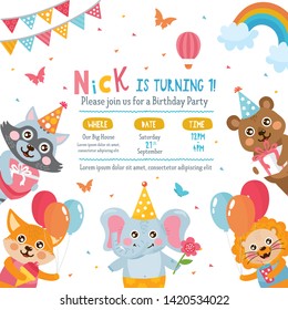 Greeting card design with cute animals. Beautiful template with letters. Baby Shower. Raccoon, fox, elephant, lion and bear animals celebrate Birthday. For baby birthday, party, invitation.