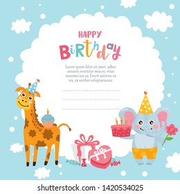 Greeting card design with cute animals. Beautiful template with letters. Baby Shower. Giraffe and elephant animals celebrate Birthday. For baby birthday, party, invitation.