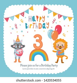 Greeting card design with cute animals. Beautiful template with number. Baby Shower. Raccoon and lion animals celebrate Birthday. For baby birthday, party, invitation.