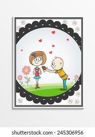 Greeting card design with cute boy offering chocolate to his beloved for Happy Valentines Day celebration.