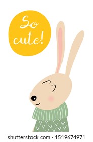 Greeting card design with cute bunny in cartoon style and text. Vector illustration template