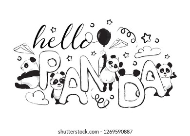 Greeting card design with cute cartoon bears and  quote Hello panda