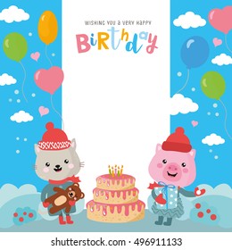 Greeting card design with cute cat and pig. Happy birthday invitation template with balloon and funny letters in winter style. For baby birthday, party, invitation.