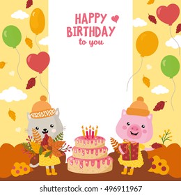 Greeting card design with cute cat and pig. Happy birthday invitation template with balloon and animals character. Autumn theme. For baby birthday, party, invitation.