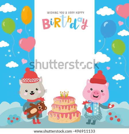 Greeting card design with cute cat and pig. Happy birthday invitation template with balloon and funny letters in winter style. For baby birthday, party, invitation.