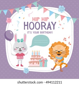 Greeting Card Design With Cute Lion And Rabbit. Happy Birthday Invitation Template With Flag And Funny Letters. For Baby Birthday, Party, Invitation.