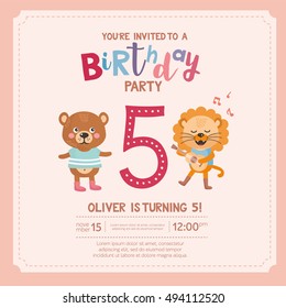 Greeting card design with cute lion and bear. Happy birthday invitation template for five year old with cartoon animals and funny letters. For baby birthday, party, invitation.