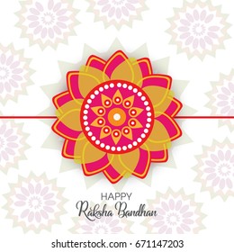 Greeting card design decorated with beautiful traditional rakhi on floral design decorated background for Indian festival .