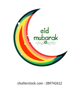 Greeting card design decorated with colorful crescent moon on white background for Muslim community festival, Eid Mubarak celebration.