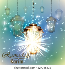 Greeting card design decorated with lamps for Holy Month of Muslim Community, Ramadan Mubarak celebration.
