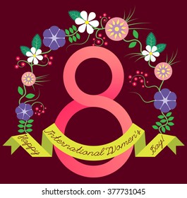 Greeting card design with decorative elements for eight of march. International Women's Day. Vector illustration.