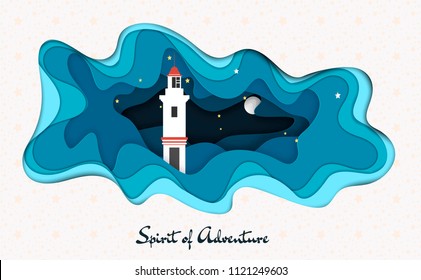 Greeting card design with different blue layered background, paper style. Lighthouse Paper Decoration. VECTOR