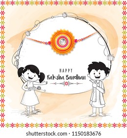 Greeting card design with doodle illustration of happy brother and sister celebrating Raksha Bandhan festival.
