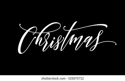 Greeting card design element. Merry Christmas calligraphy text. White festive decorative vector hand drawn lettering. Winter holiday black background