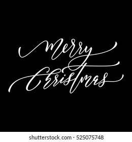 Elemento de diseño de tarjeta de felicitación. Feliz texto de caligrafía navideña. Grabado a mano de un vector decorativo blanco festivo. Fondo negro de vacaciones de invierno