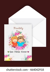 Greeting Card design with Envelope, Cute friends playing together on occasion of Friendship Day celebration.