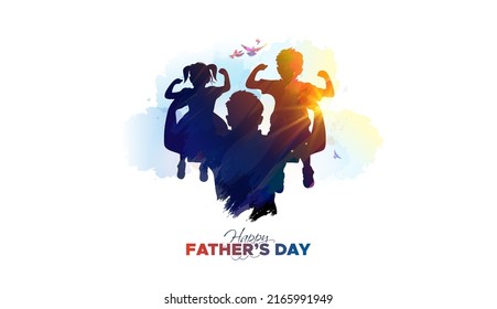 Greeting card design for Father's Day wishing and celebration. Father with Daughter and son. Vector EPS illustration