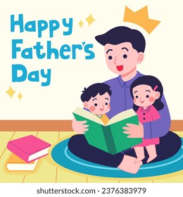 Greeting card design for Father's Day. Father reading book with Daughter and son. Vector EPS illustration