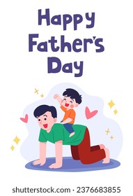 Greeting card design for Father's Day wishing and celebration. Son riding on fathers back. Vector EPS illustration