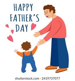 Greeting card design for Father's Day. Father with baby. Vector flat illustration 