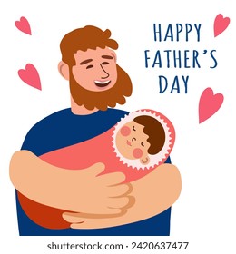 Greeting card design for Father's Day. Father with baby. Vector flat illustration 