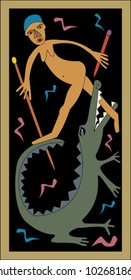 Greeting card design featuring African mythical characters, animals and a woman with a spear
