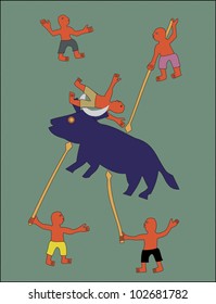 Greeting card design featuring ancient hunters in a naive art style