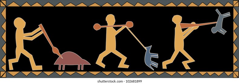Greeting card design featuring ancient hunters in a naive art style