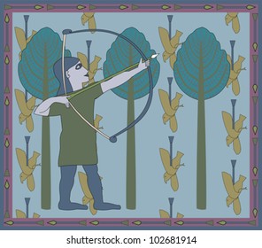Greeting card design featuring ancient hunter shooting birds with a bow and arrows