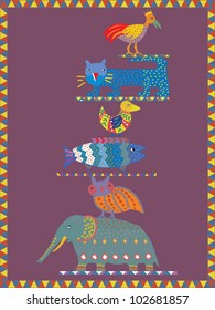 Greeting card design featuring totem design with animals