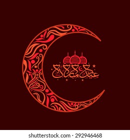 Greeting card design with floral crescent moon and Arabic Islamic calligraphy of text Eid Mubarak for Muslim community, festival celebration.