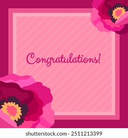 Greeting card design with floral decorations (peonies). Template for holiday cards in deep pink and burgundy colors.